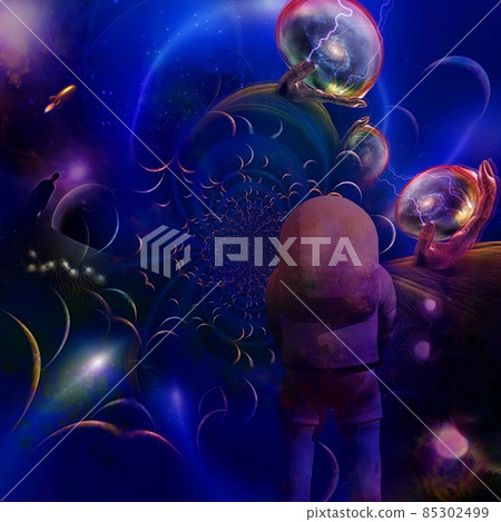 Through the wormhole. Astronaut before warped space. 3D rendering Through the wormhole. Astronaut before warped space. 3D rendering 85302499