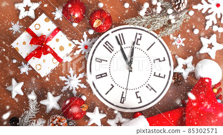 Christmas composition of Christmas decoration on Brown wooden background Christmas composition of Christmas decoration on Brown wooden background 85302571