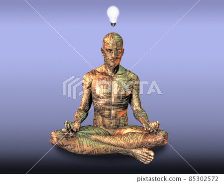 Droid levitate in lotus pose. 3D rendering 85302572