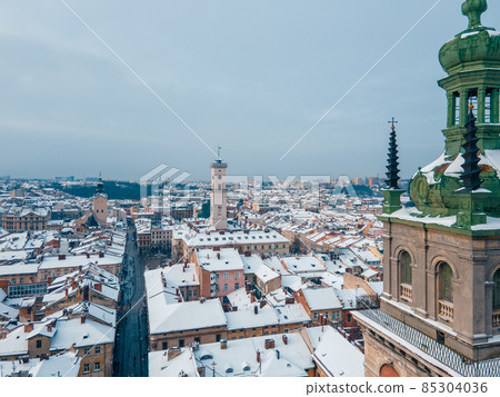 aerial view of snowed lviv center aerial view of snowed lviv center 85304036