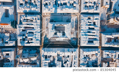 aerial view of lviv city center at snowed winter sunny day 85304045