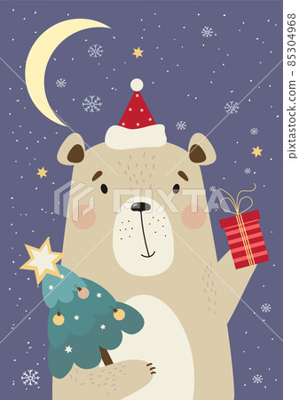 Greeting card with cute bear in Santa hat with Christmas tree and gift on background with snowflakes and moon. Vertical vector illustration in flat style 85304968