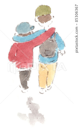 Friends / Friendship: Back view of boys walking with their shoulders crossed (friends duo) (watercolor illustration) 85306367