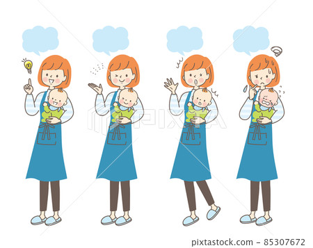 Facial expression set of a young mom hugging a baby 85307672