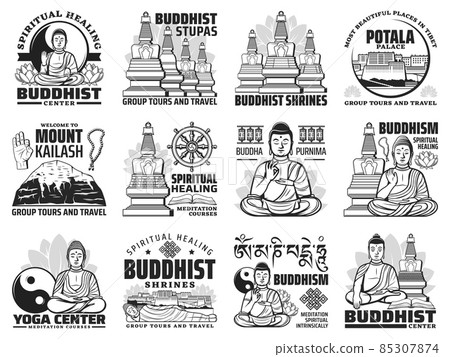 Buddhism shines tours, meditation and yoga center icons. Buddhism temple stupa, Potala Palace and mediating Buddha statue, lotus flower, Mount Kailash, dharma wheel, Yin and Yang symbol, endless knot Buddhism shines tours, meditation and yoga center icons. Buddhism temple stupa, Potala Palace and mediating Buddha statue, lotus flower, Mount Kailash, dharma wheel, Yin and Yang symbol, endless knot 85307874