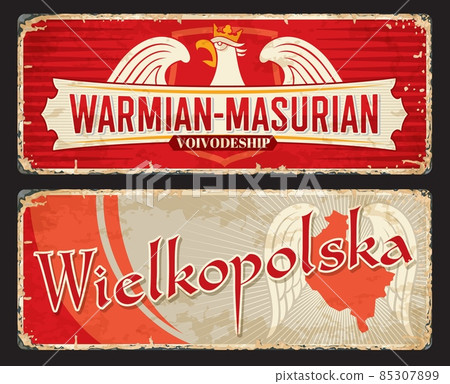 Wielkopolska and Warmian Masurian polish voivodeship plates and travel stickers. Vector vintage banners with Poland map, heraldic eagle in crown, shield and wings. Touristic grunge signs or boards 85307899