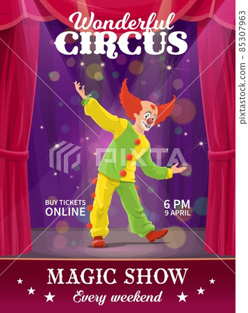 Shapito circus poster, cartoon red hair jester clown. Vector flyer with funny man character performing magic show on stage with curtains and spotlights. Artist performer in costume on big top stage 85307963