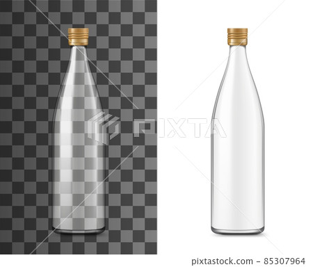 Glass bottle, realistic packaging vector 3d transparent empty mockup with cap lid. Mineral water, soda or juice or alcohol drink beverage glass bottle, package template on transparent background Glass bottle, realistic packaging vector 3d transparent empty mockup with cap lid. Mineral water, soda or juice or alcohol drink beverage glass bottle, package template on transparent background 85307964
