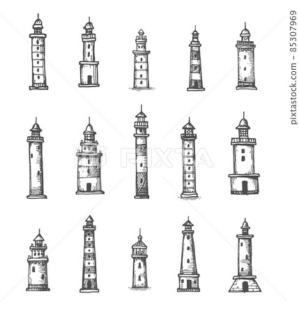 Vintage antique map lighthouse and beacon sketches. Hand drawn vector monochrome light house buildings. Nautical travel, maritime safety and ocean, sea navigation engraved icons Vintage antique map lighthouse and beacon sketches. Hand drawn vector monochrome light house buildings. Nautical travel, maritime safety and ocean, sea navigation engraved icons 85307969