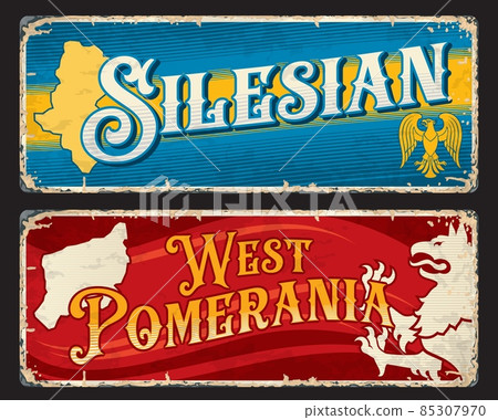 Silesian and West Pomerania polish voivodeship plates and travel stickers. Vector vintage banners with Poland territory map, touristic landmarks and heraldic eagle and lion. Aged retro signs, boards 85307970