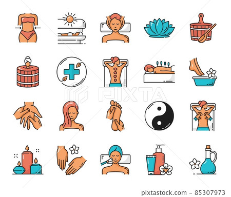 Beauty spa, face skin and body health care or massage, vector outline icon. Spa and wellness salon aromatherapy essential oil and bath towel, sauna soap and body wash treatments, creams and lotions Beauty spa, face skin and body health care or massage, vector outline icon. Spa and wellness salon aromatherapy essential oil and bath towel, sauna soap and body wash treatments, creams and lotions 85307973
