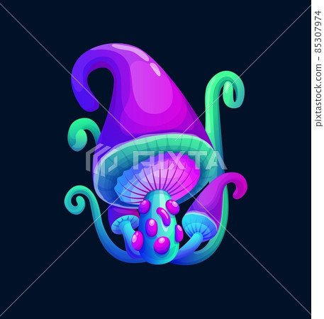 Fantasy magic purple and green mushroom. Vector alien fungus with pimpled stipe, curve cap peak and curly outgrowths. Unusual natural fairy tale or game asset, isolated cartoon crazy glowing plant Fantasy magic purple and green mushroom. Vector alien fungus with pimpled stipe, curve cap peak and curly outgrowths. Unusual natural fairy tale or game asset, isolated cartoon crazy glowing plant 85307974