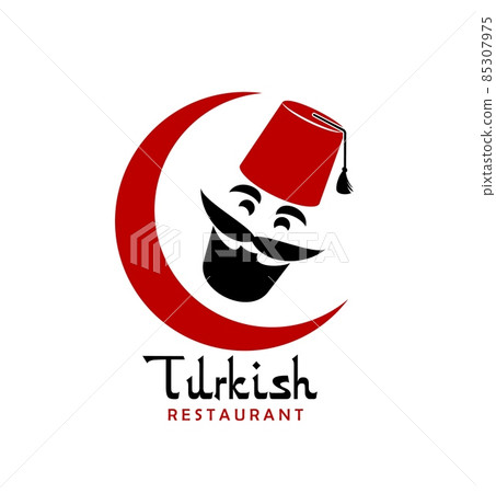 Turkish cuisine chef vector icon of grill food restaurant, cafe or bar. Face of Turkish cook man with black mustache and beard, red fez hat and crescent isolated symbol, emblem or icon Turkish cuisine chef vector icon of grill food restaurant, cafe or bar. Face of Turkish cook man with black mustache and beard, red fez hat and crescent isolated symbol, emblem or icon 85307975