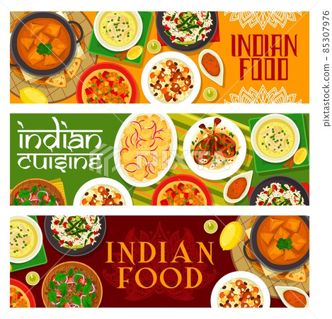 Indian cuisine vector banners chicken cream soup, legs with almond nuts and lamb rice biryani. Cheese in sauce paneer, zucchini rice and vegetable lentil salad or potato onion batato piyava upkari Indian cuisine vector banners chicken cream soup, legs with almond nuts and lamb rice biryani. Cheese in sauce paneer, zucchini rice and vegetable lentil salad or potato onion batato piyava upkari 85307976