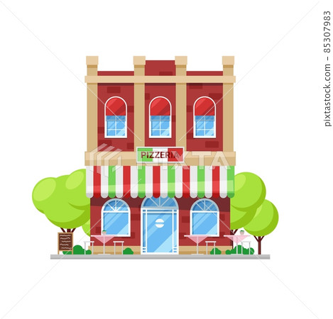 Italian pizzeria building icon. City street restaurant, small local business or family cafe two-storey cartoon vector building with italian flag colors awning, chalkboard menu stand and outdoors seats 85307983