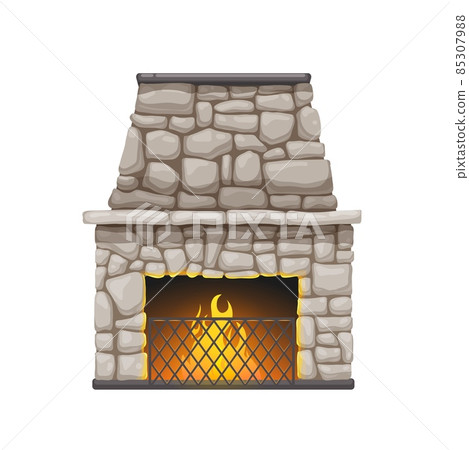 Stone fireplace or fire stove with chimney and burning flames, vector. Modern or classic home fireplace of pebble stones with log wood in fire and mantelpiece, house and room interior furnace Stone fireplace or fire stove with chimney and burning flames, vector. Modern or classic home fireplace of pebble stones with log wood in fire and mantelpiece, house and room interior furnace 85307988