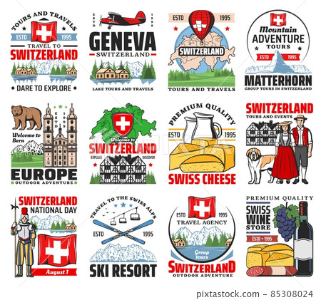 Switzerland travel landmarks icons. Swiss cheese, wine and sausage, Matterhorn peak, ski and lake, people in national clothing, Switzerland flag and St. Bernard dog, Swiss guard, half-timbered house 85308024