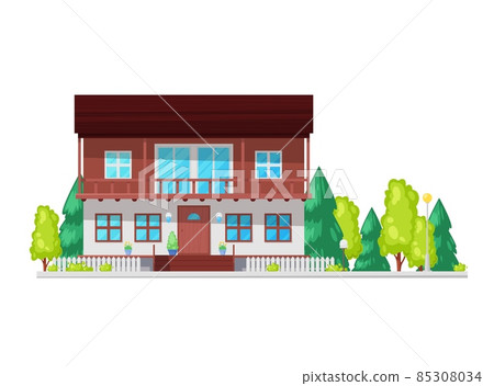 Custom built house with nicely trimmed and landscaped front yard, vector residential neighborhood. Suburban real estate and building exterior facade of apartments home or townhouse cottage with garden Custom built house with nicely trimmed and landscaped front yard, vector residential neighborhood. Suburban real estate and building exterior facade of apartments home or townhouse cottage with garden 85308034