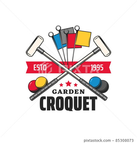 Croquet sport icon, club tournament and garden game vector symbol. Croquet game equipment with ball and sticks or bats and goal pegs, croquet club and championship badge Croquet sport icon, club tournament and garden game vector symbol. Croquet game equipment with ball and sticks or bats and goal pegs, croquet club and championship badge 85308073