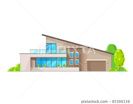 Modern house exterior with terrace and garage vector village home, family cottage or villa, townhouse or mansion. Two story building of residential property architecture, real estate 85308138