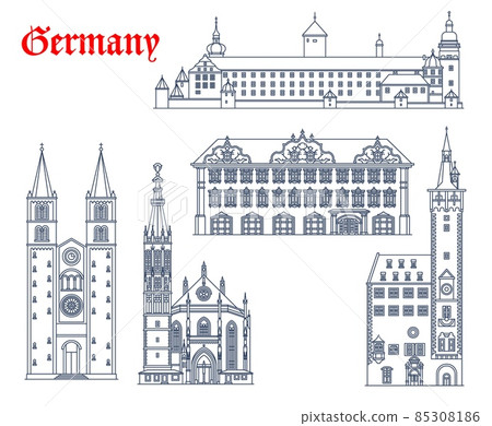 Germany, Wurzburg architecture buildings and travel landmarks, vector churches. Marienkapelle or St Mary chapel church, Marienberg Festung Fortress, Haus zum Falken or Falkenhaus and Saint Kilians Dom Germany, Wurzburg architecture buildings and travel landmarks, vector churches. Marienkapelle or St Mary chapel church, Marienberg Festung Fortress, Haus zum Falken or Falkenhaus and Saint Kilians Dom 85308186