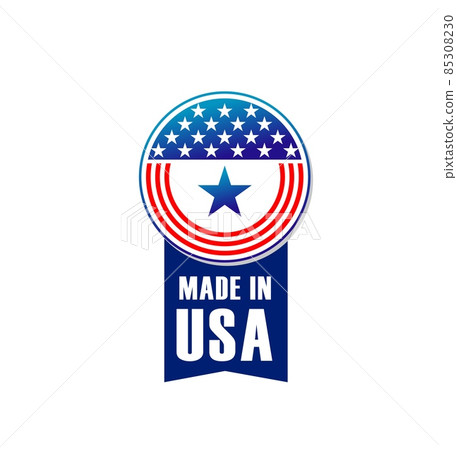 Made in USA label or banner with American flag stars. US product, patriotic symbol, quality, warranty or authenticity certificate vector seal, premium quality guarantee tag with United States flag 85308230