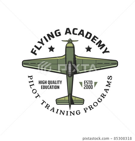Flying academy icon with army vintage airplane. Pilot school retro emblem, historical aircraft flight club training center program vector icon with military old propeller airplane, combat fighter 85308318