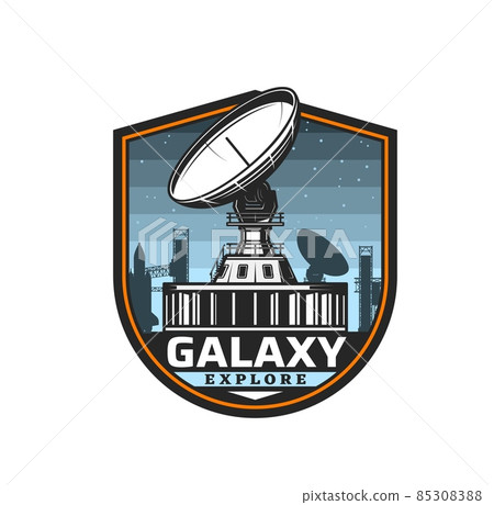 Space telescope icon, galaxy planets exploration and astronomy station, vector. Space observatory at spaceport cosmodrome for rocket launch, galactic explore and spaceship mission observation 85308388