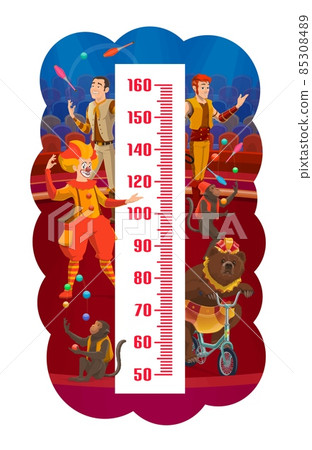 Kids height chart, shapito circus animals and performers growth measure meter vector design. Ruler scale of children, growth measuring sticker with cartoon circus stage, clown, jugglers Kids height chart, shapito circus animals and performers growth measure meter vector design. Ruler scale of children, growth measuring sticker with cartoon circus stage, clown, jugglers 85308489