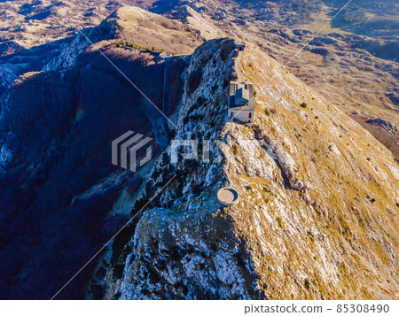 Petar II Petrovic-Njegos mausoleum on the top of mount Lovchen in Montenegro. Aerial view, drone 85308490