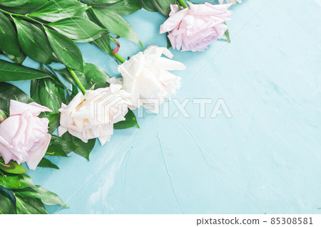 flowers on wooden background . Spring summer border template floral background. Light air delicate flowers on wooden background . Spring summer border template floral background. Light air delicate 85308581