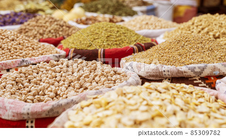 Dried food products on the arab street market stall. 85309782