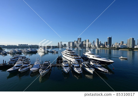 Super-yachts docked in Yacht Haven Grande Miami at Island Gardens in Miami. 85310017