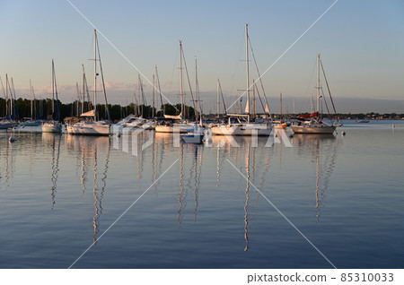Moored sailboats off Coconut Grove in predawn light. Moored sailboats off Coconut Grove in predawn light. 85310033