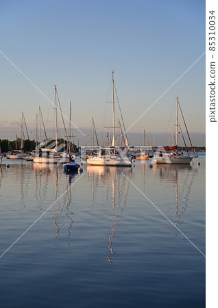 Moored sailboats off Coconut Grove in predawn light. 85310034