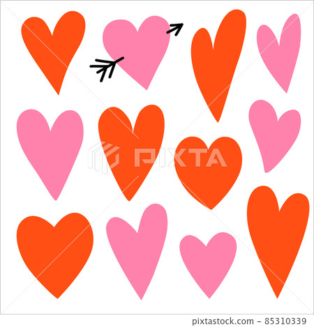 Set of simple freehand doodle red heart shapes. Hand drawn vector design elements.  85310339