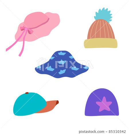 Hand drawn of children's headwear, winter and summer, isolated on white background.  85310342