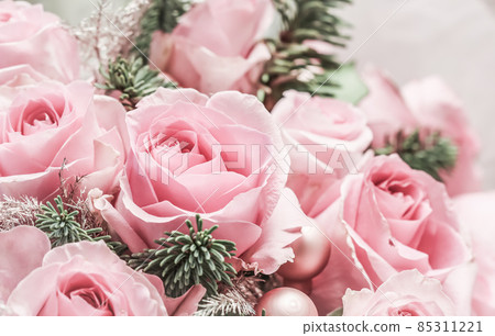 Pink roses with fir branches. Macro flowers background for holiday brand design Pink roses with fir branches. Macro flowers background for holiday brand design 85311221
