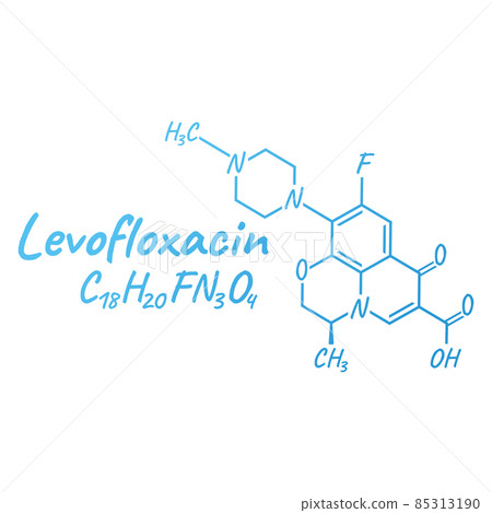Levofloxacin antibiotic chemical formula and composition, concept structural medical drug, isolated on white background, vector illustration. Levofloxacin antibiotic chemical formula and composition, concept structural medical drug, isolated on white background, vector illustration. 85313190