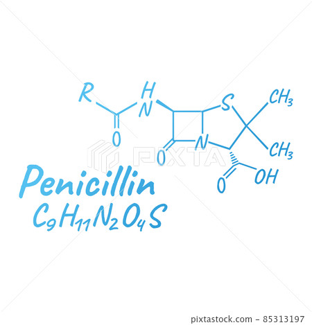 Penicillin antibiotic chemical formula and composition, concept structural medical drug, isolated on white background, vector illustration. Penicillin antibiotic chemical formula and composition, concept structural medical drug, isolated on white background, vector illustration. 85313197
