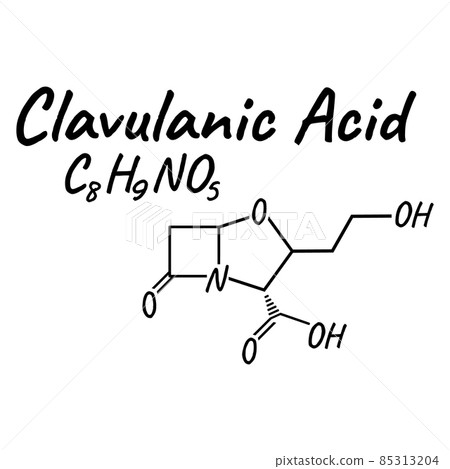 Clavulanic acid antibiotic chemical formula and composition, concept structural medical drug, isolated on white background, vector illustration. Clavulanic acid antibiotic chemical formula and composition, concept structural medical drug, isolated on white background, vector illustration. 85313204