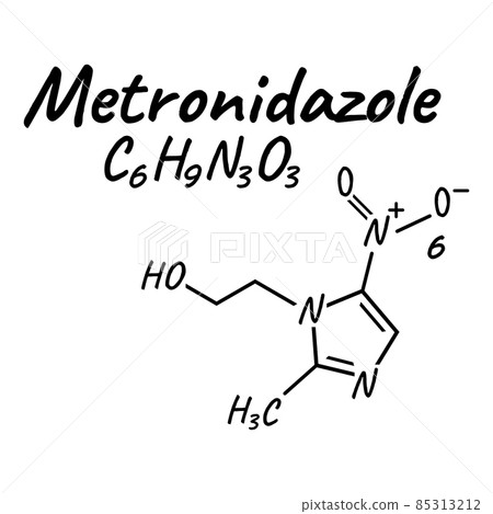 Metronidazole antibiotic chemical formula and composition, concept structural medical drug, isolated on white background, vector illustration. Metronidazole antibiotic chemical formula and composition, concept structural medical drug, isolated on white background, vector illustration. 85313212