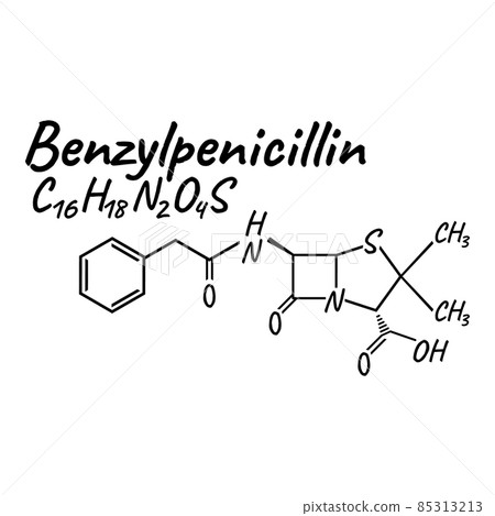 Benzylpenicillin antibiotic chemical formula and composition, concept structural medical drug, isolated on white background, vector illustration. Benzylpenicillin antibiotic chemical formula and composition, concept structural medical drug, isolated on white background, vector illustration. 85313213