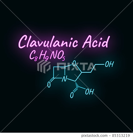 Clavulanic acid antibiotic chemical formula and composition concept structural drug, isolated on black background, neon style vector illustration. Clavulanic acid antibiotic chemical formula and composition concept structural drug, isolated on black background, neon style vector illustration. 85313219