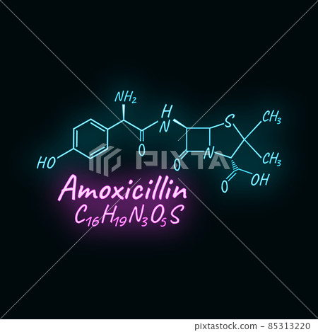 Amoxicillin antibiotic chemical formula and composition, concept structural drug, isolated on black background, neon style vector illustration. Amoxicillin antibiotic chemical formula and composition, concept structural drug, isolated on black background, neon style vector illustration. 85313220