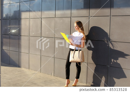 Business woman girl work business center look at documents 85313528