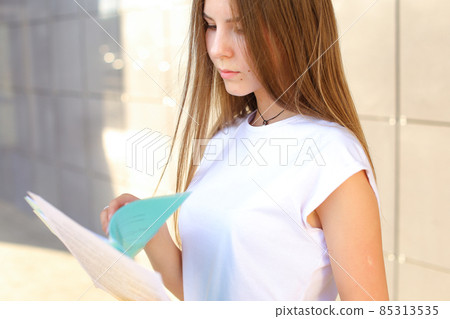 Business woman girl work business center look at documents 85313535