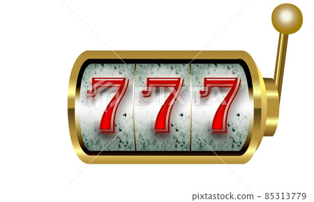 Casino slot machine, jackpot of triple seven on reels, golden apparatus with one handle isolated on white background. Close-up 85313779