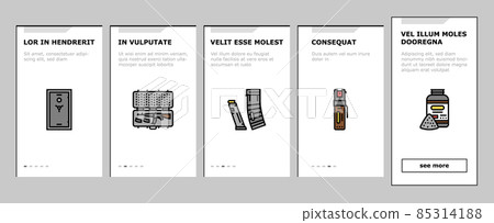 Shooting Weapon And Accessories Onboarding Icons Set Vector Shooting Weapon And Accessories Onboarding Icons Set Vector 85314188