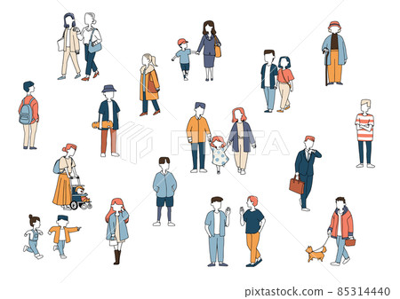 Casual people traveling around the city Happy families, couples, friends. Hand-drawn person illustration 85314440